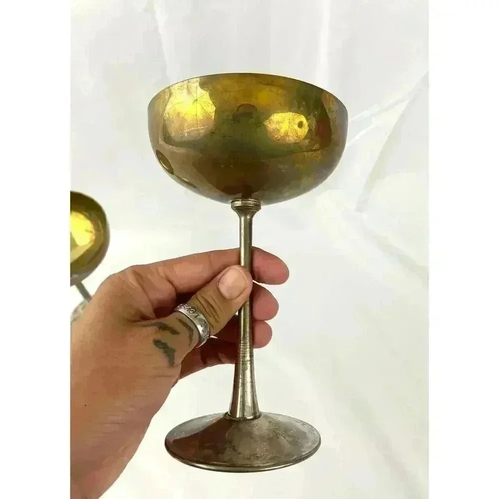 VTG Pair Leonard Silver‎ Toned Brass Tarnished Goblets Chalice